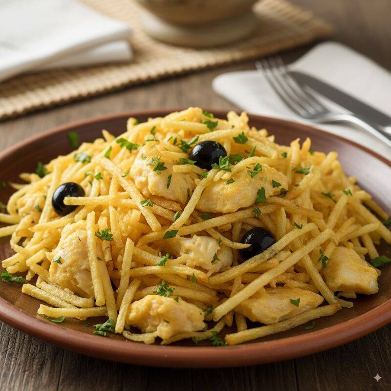 Traditional Portuguese codfish à Brás served at Monte Mar restaurant with olives and crispy potatoes